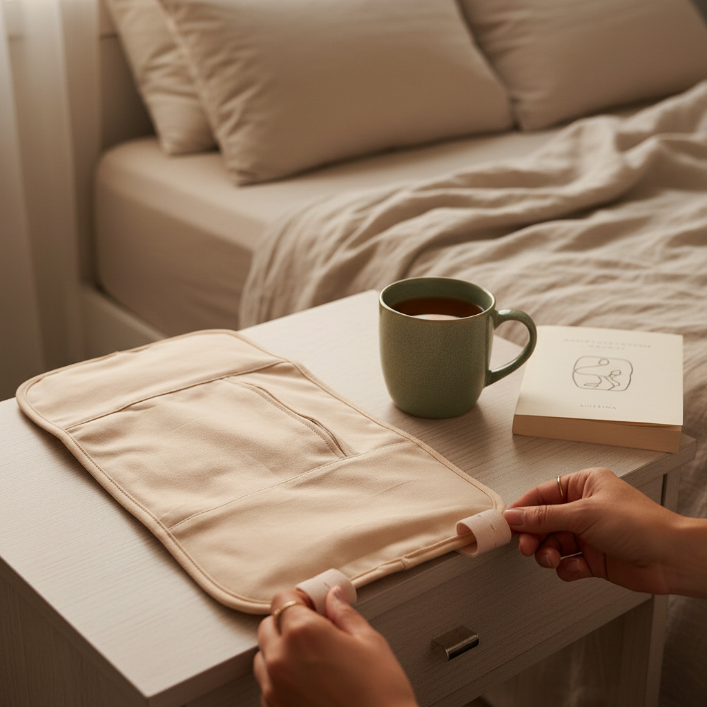 The compress folded on a bedside table beside a mug and notebook