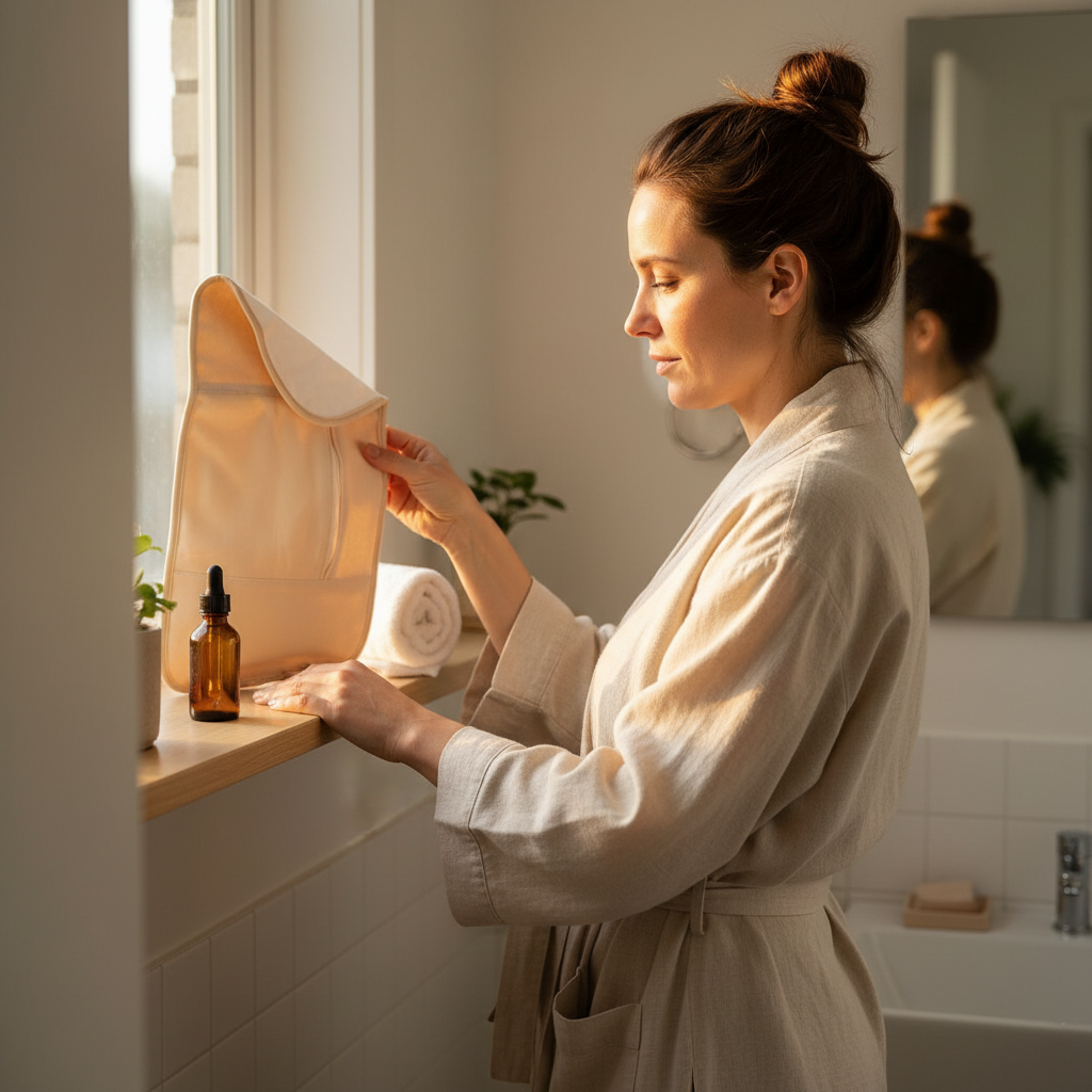 The compress and an amber oil bottle on a bathroom windowsill