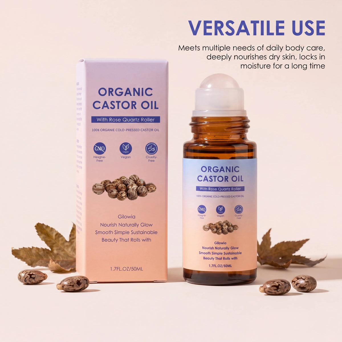 Golden Castor Oil Roll On with Rose Quartz Roller