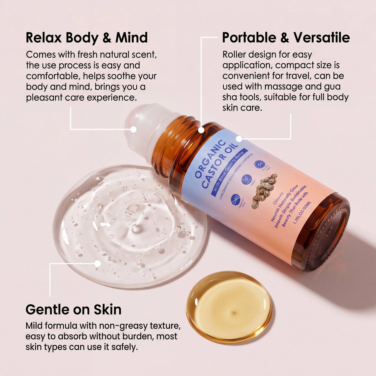 Golden Castor Oil Roll On with Rose Quartz Roller