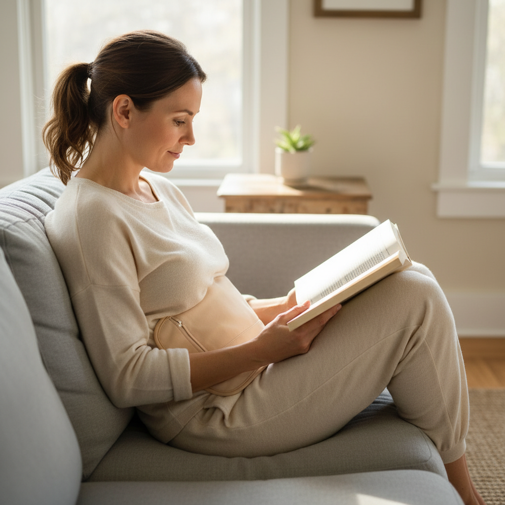 Woman reading on a sofa with the Aurelina compress resting on her middle